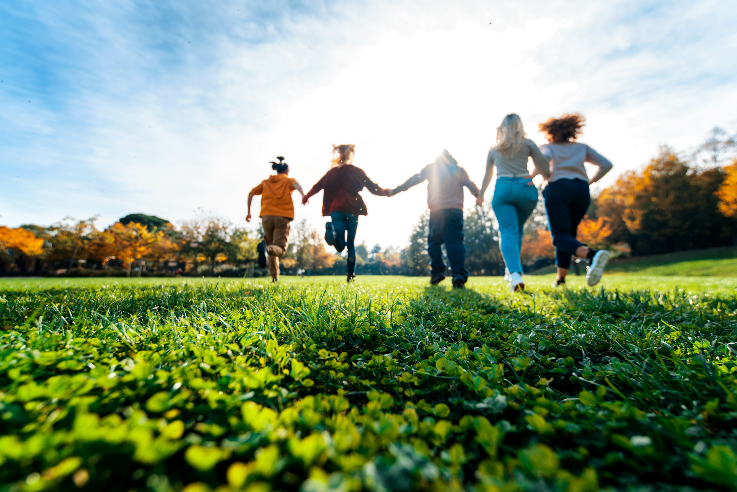 A group of youths run through a sunny field together, holding hands